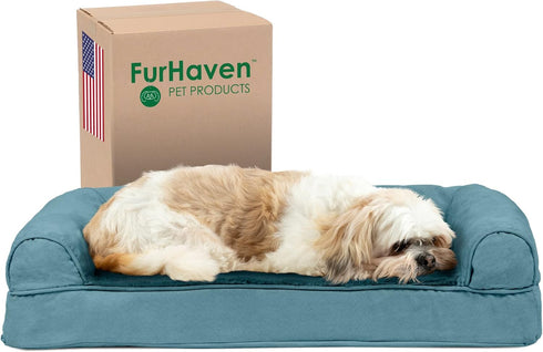 Furhaven Cooling Gel Dog Bed for Medium/Small Dogs, Removable Bolsters & Washable Cover, Plush & Suede Sofa for Dogs Up