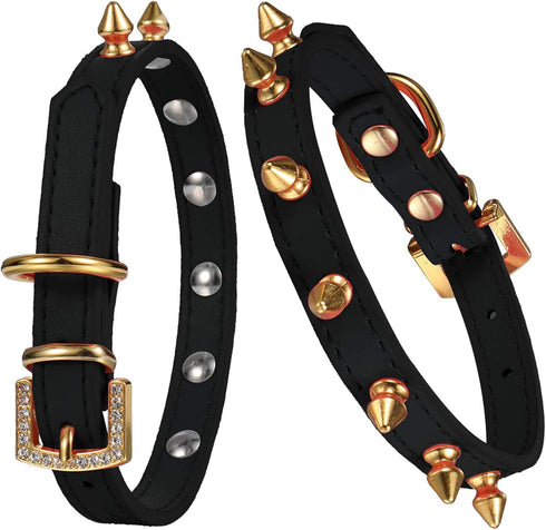 LOVPE One Row Golden Spiked Studded Leather Dog Collar with Rhinestone Buckle for Small Dog/Cat Puppy Kitty (Black, S)