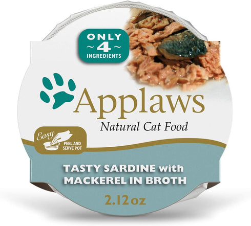 Applaws Natural Wet Cat Food, Sardine with Mackerel in Broth, 18 Count, 2.12 oz Pots