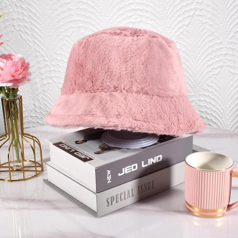 Winter Soft Faux Fur Plush Bucket Hat, Lovely Fisherman Cap for Women
