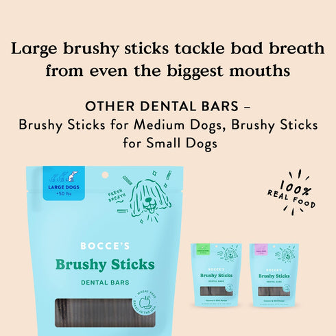 Bocce’s Bakery Dailies Brushy Sticks, Wheat-Free Dental Bars for Dogs, Support Oral Health & Fresh Breath, Large Dogs