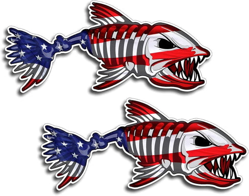 USA Bone Fish Sticker - 2 Pieces (2 Right) Patriotic American Flag Fishing Decal Vinyl Die Cut