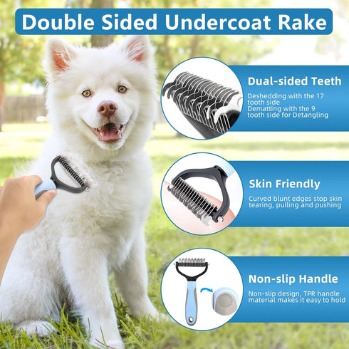 Dog Grooming Kit 6PCS - Dog Brush for Shedding, Dematting Comb, Nail Clipper with File, Flea Comb, Bath Brush - Blue
