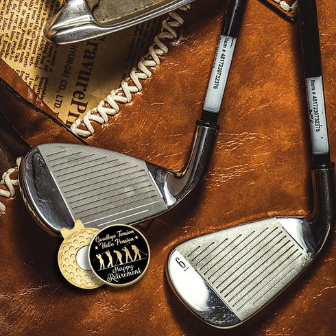 Happy Retirement Black Gold Golf Ball Marker with Hat Clip, Funny Accessories for Golf Fans