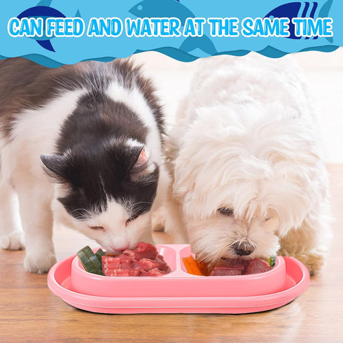 2 Pieces Cat Food Bowls, Plastic Double Pet Bowls for Cats and Dogs, No Spill (Pink and Light Blue)