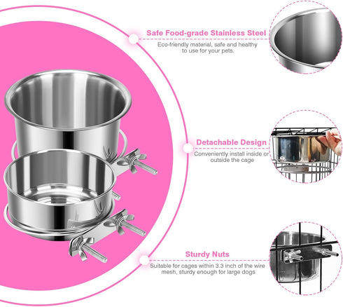 Pet Dog Food Water Bowl for Cage, Stainless Steel Non-Spill Hanging Bowls with Clamp Holder for Small Medium Large Dogs