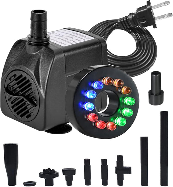 15W 1000L/H Submersible Fountain Water Pump - 12 Colorful LED Lights for Aquarium Fish Tank & Outdoor Fountain