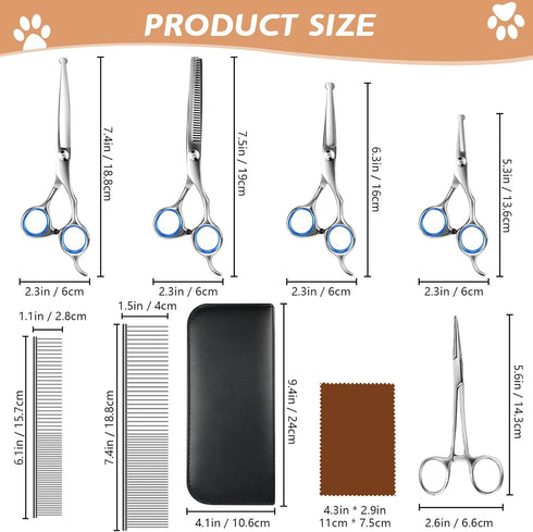 Niura Set Pet Grooming Scissors - Professional Stainless Steel Grooming Kit with Curved, Straight, Thinning, Round Tip