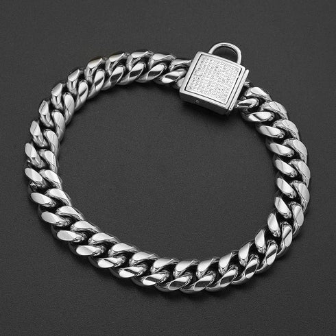 Pet Dog Collar - Top Stainless Steel Training Collar, 14mm Silver Tone Cuban Curb Chain, with White Zirconia Lock (22in)