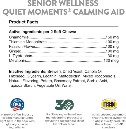 65 NaturVet Quiet Moments Calming Aid Dog Supplement, Helps Promote Relaxation, Reduce Stress, Storm Anxiety, Motion
