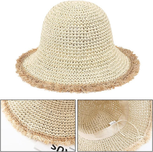 Women's Floppy Cloche Straw Hat, Wide Brim Straw Bucket Hat for Sun Protection UPF 50+