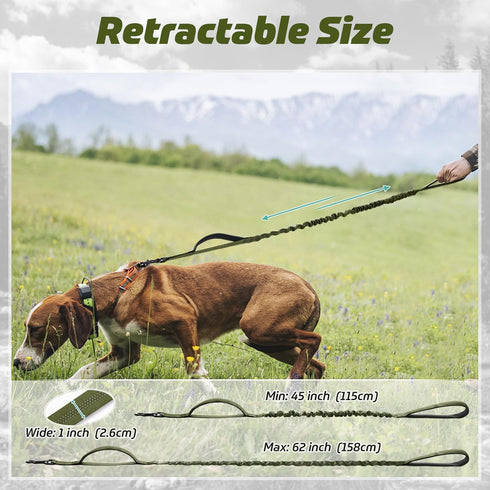 rabbitgoo Green Military Dog Leash, 5.2FT Bungee Training Leash with Shock Absorption & 2 Padded Control Handles