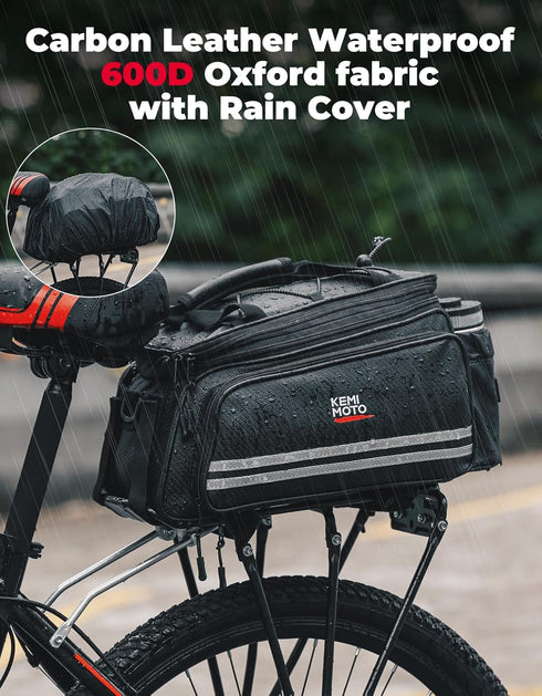 KEMIMOTO Bike Bag, 20L Waterproof Carbon Leather Rear Rack Trunk Bag, Pannier Handbag for Mountain Road Bike