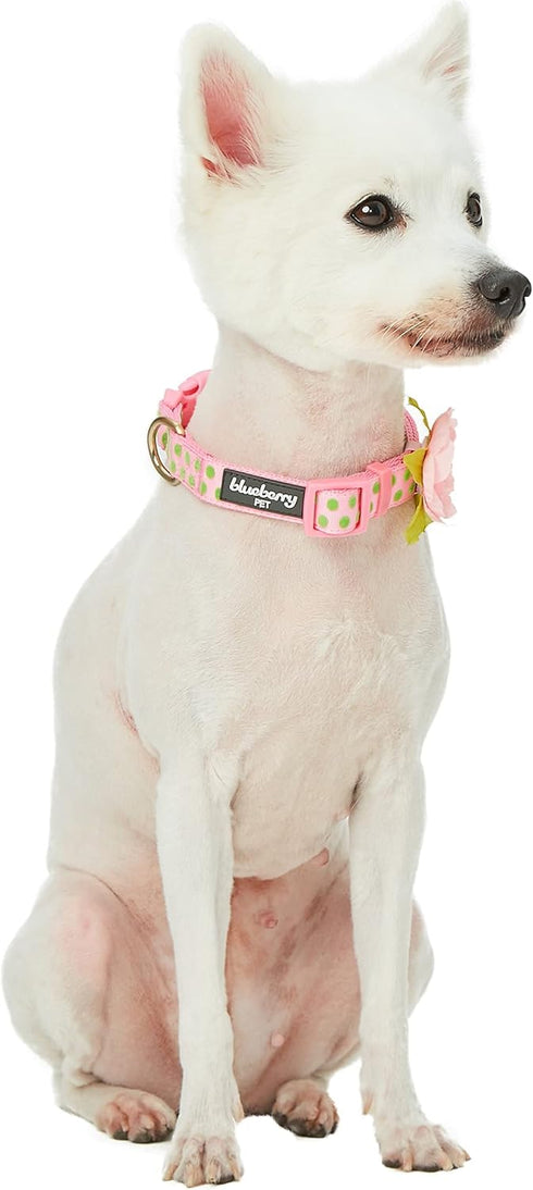 Blueberry Pet Adjustable Flocking Dog Collar with Silk Flower, Baby Pink Polka Dot, Large