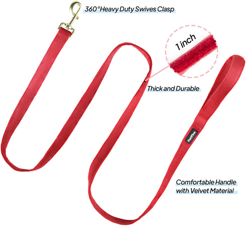 PetiFine Dog Collar and Leash Set, Adjustable Red Velvet Collar, Super Soft with Metal Buckle for Small Medium Large