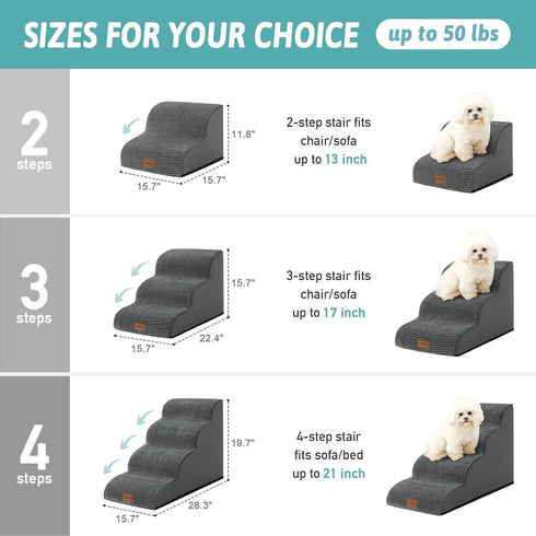 Dog Stairs for Couch or Low Bed, 3 Tiers Foam Pet Steps for Small Dogs, Dark Grey, 15.7x22.4x15.7in