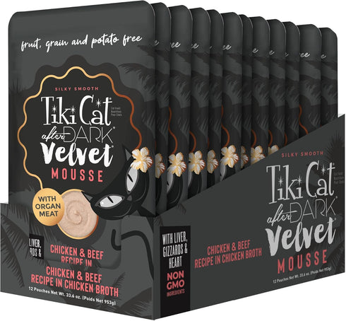 Tiki Cat After Dark Velvet Mousse, Chicken & Beef Recipe in Chicken Broth, Grain & Potato Free, 2.8 oz. Pouch (Pack of