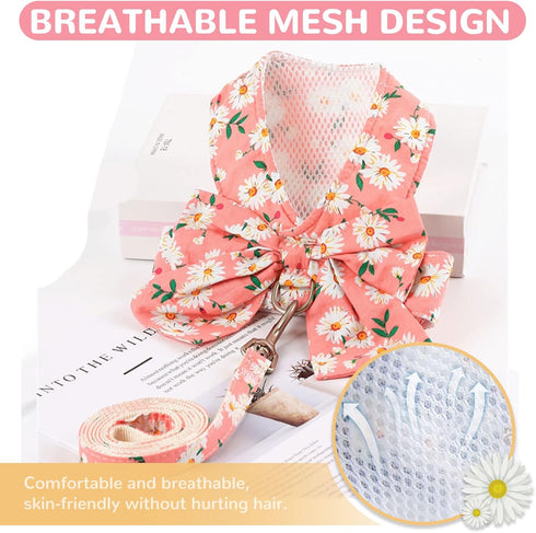 Dog Harness and Leash Set with Bow Knot, No Pull Pet Daisy Floral Harness with D-Ring Soft Mesh Vest for Small Girl