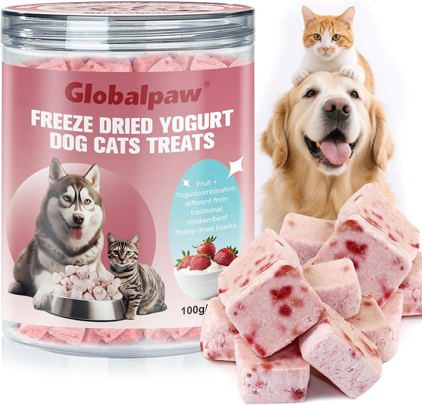 Globalpaw Freeze Dried Yogurt Dog Cats Treats Crunchy Snacks with Strawberry100g (3.52oz), High