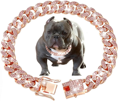 Cuban Link Dog Collar with Rose Gold Crystal Necklace, Metal Chain Collar with Secure Buckle for Small Medium Large