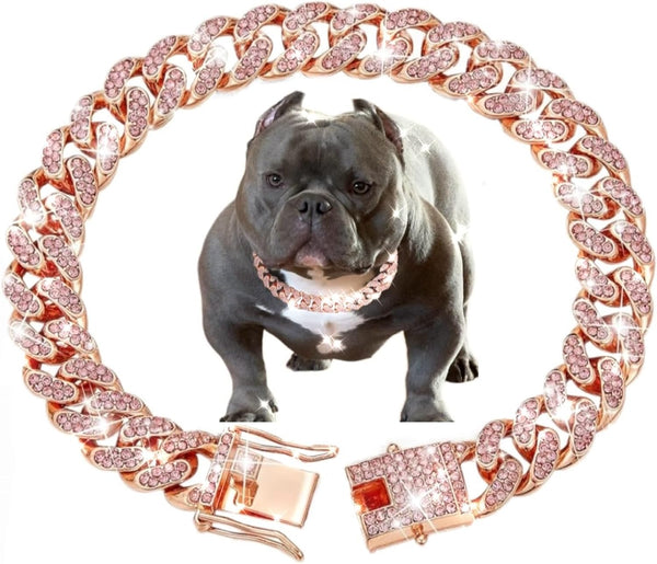 Cuban Link Dog Collar with Rose Gold Crystal Necklace, Metal Chain Collar with Secure Buckle for Small Medium Large