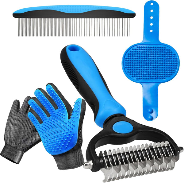 4 Pack Pet Grooming Kit - Deshedding Rake, Fine Tooth Comb, Grooming