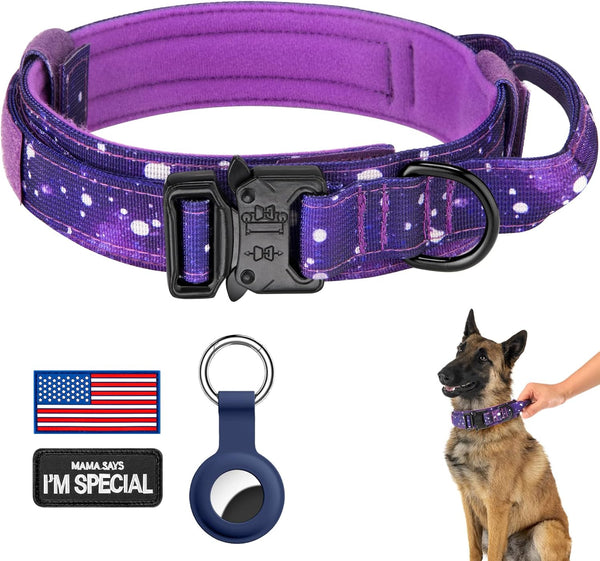 DAGANXI Tactical Dog Collar, Adjustable Military Nylon Collar with Control Handle, Heavy Metal Buckle, Patches, Airtags