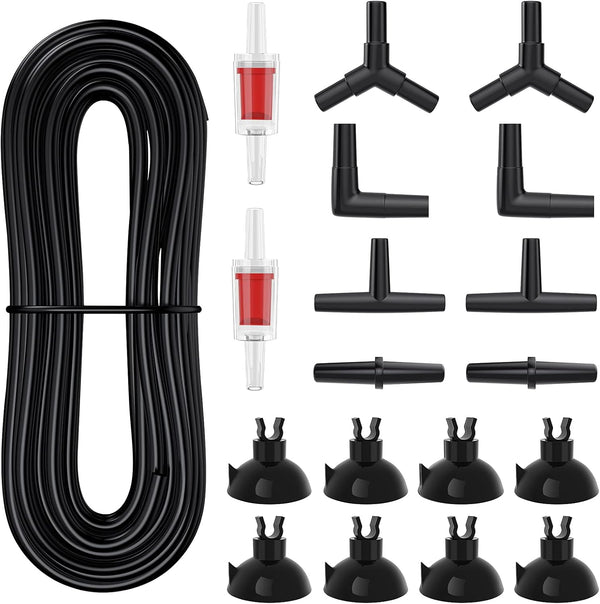 Pawfly 25 Feet Standard Airline Tubing Set with Connectors, Suction Cups, and Check Valves for Fish Tank Aeration
