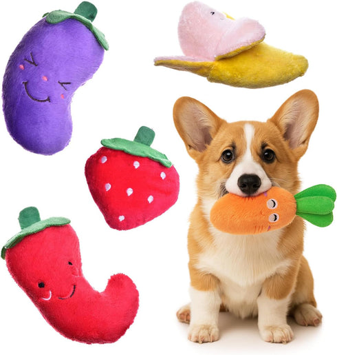 Pets&Goods Plush Squeaky Chew Toys for Small Dogs, 6-Pack Fruit & Vegetable Toy Set