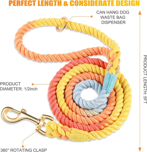 Dog Leash 5 FT, Handmade Braided Cotton Rope for Small, Medium, Large Dogs, Colorful Rainbow with Heavy Duty Clasp