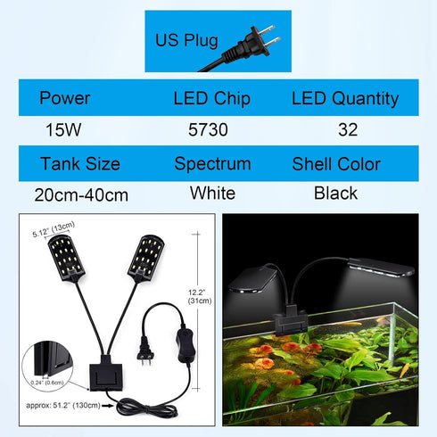 WEAVERBIRD 15W Double Head Aquarium Fish Tank Light, 32 LED Clip Lamp, 1600LM White Lighting for 8-15 Inch Tank
