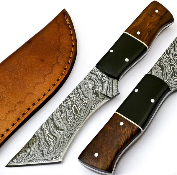 Rare Custom Damascus Tanto Hunting Knife | Best Outdoor Skinning Knife with Rose Wood Handle & Leather Sheath (S-6468)