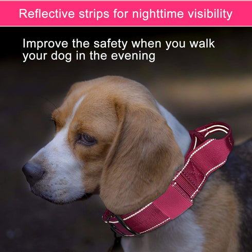 Reflective Dog Collar, Heavy Duty Tactical with Control Handle and Metal Buckle for Dog Training (M, Pink)