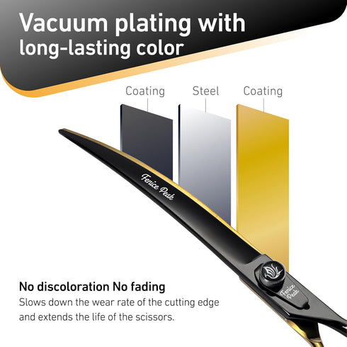 Fenice Peak 8'' Black Dog Grooming Scissors - Golden Curved Scissors with Ergonomic Offset Handle, 440C Durable and