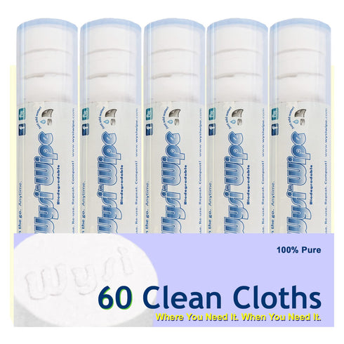 Multi-Purpose 9x9” Expandable Wipes with Travel Tubes - Pack of 5 Tubes (60 Tabs Total) - All Natural Reusable Wipes