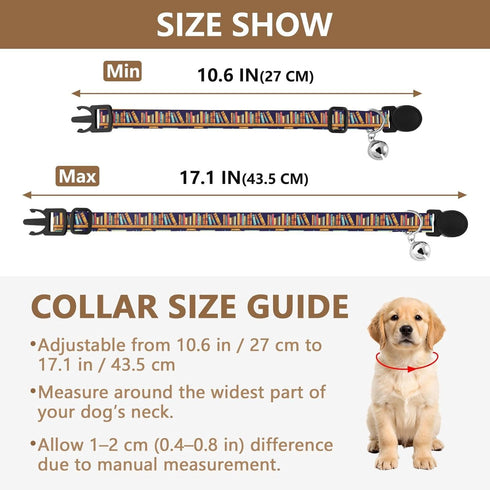 Qilmy 2-Pack Books Shelf Adjustable Pet Collar with Bell, Soft Dog Collar with Quick Release Buckle for Cats Small