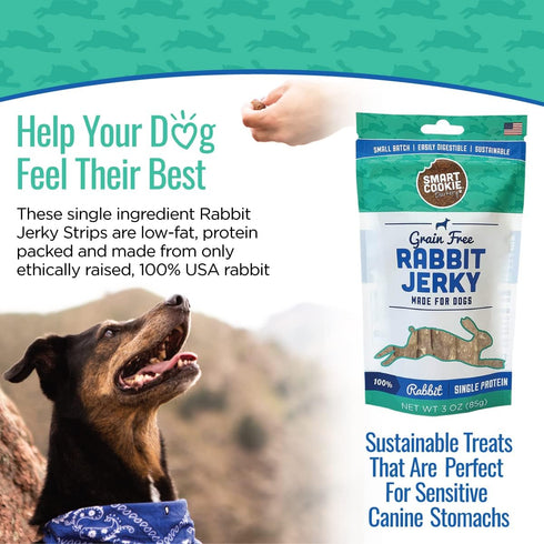 Smart Cookie Single Ingredient Rabbit Jerky Dog Treats, 100% Meat, Grain Free, 3 oz, Pack of 3