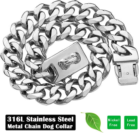 Secure Buckle Silver Metal Dog Chain Collar with ID Tag, Strong Stainless Steel Cuban Link Chew Proof for Large Dogs