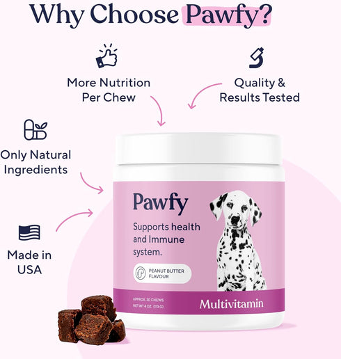 Pawfy Multivitamin Chews | 15 in 1 Premium Supplement for Immunity, Joints, Skin, Coat, Energy with Vitamins