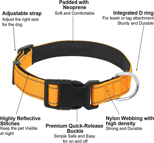 Dog Collars Adjustable for Puppy,Heavy Duty Waterproof Dog Collar with Quick Release Buckle,Girl Boy Female Male Reflective Nylon Dog Collar with Soft Neoprene Padded,XXS,Orange
