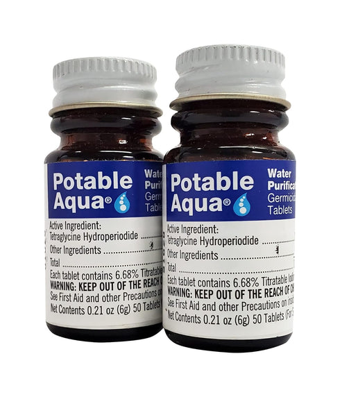 Potable Aqua Water Purification Tablets, Effective Portable Solution for Camping, Hiking, Emergencies, Two 50ct Bottles