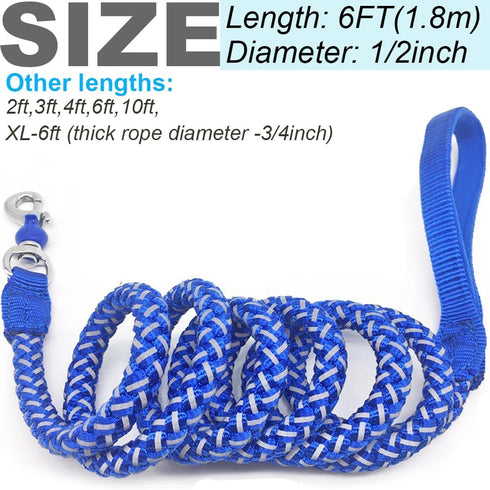 Reflective Dog Leash - Heavy Duty Nylon Braided Rope for Small Medium Large Dogs, Available in 2ft 3ft 4ft 6ft 10ft
