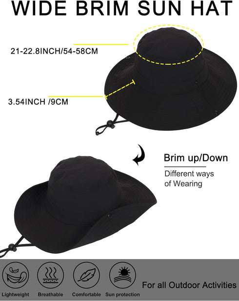Solid Packable Sun Hat for Women and Men, Wide Brim Waterproof Beach Bucket Hats, UPF 50+