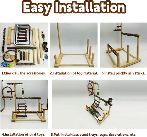 kathson Parrot Play Stand Parakeet Playground Bird Jungle Gym Wood Conure Playstand Hanging Chewing Toys with Swings