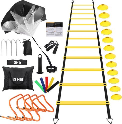 GHB Agility Ladder and Football Training Equipment Set with 4 Hurdles, Speed Ladder, and Resistance Parachute