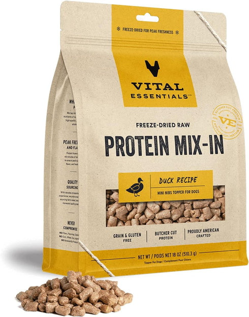 Vital Essentials Freeze Dried Raw Protein Mix-in Dog Food Topper, Duck Mini Nibs, 18 oz