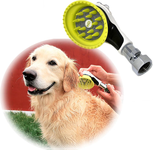 Outdoor Dog Wash Nozzle for Bathing, Quick Paw Rinses, Splash Shield Handle, Rubber Grooming Brush, Metal Connection