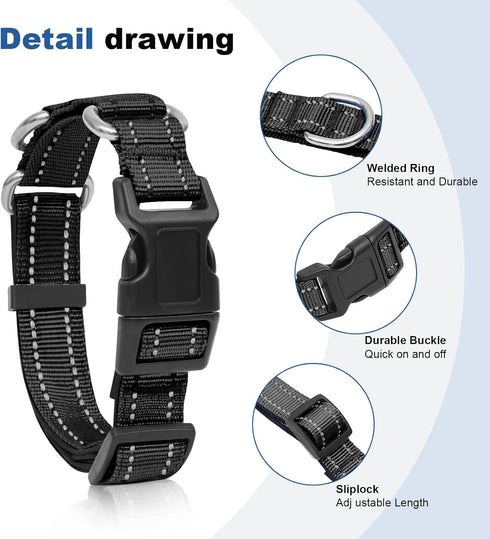 Reflective Martingale Dog Collar with Quick Release Buckle, Adjustable Soft Padded Nylon Collar for Small Medium Large
