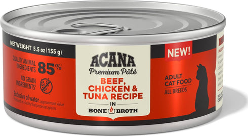 5.5oz (12 count) ACANA Premium Pate Wet Cat Food in Bone Broth Beef Chicken + Tuna Recipe Cans