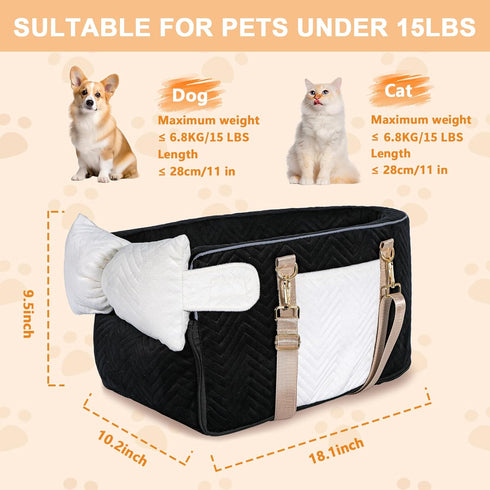 15 lbs,Black Dog Car Seat for Small Dogs, Portable Center Console Dog Car Seat, Pet Booster Seats with Safety Belt